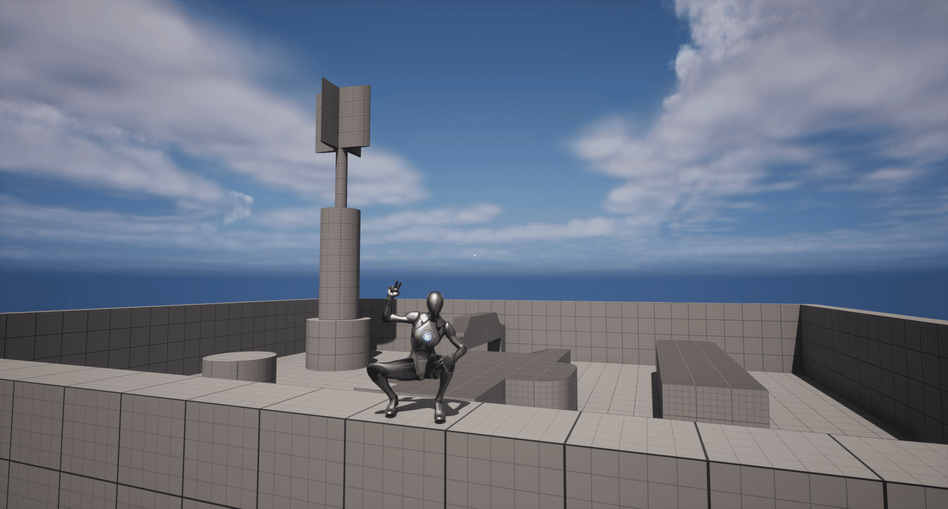 Female mannequin from Unreal Engine 5 waving with her hand raised, crouching above a wall.