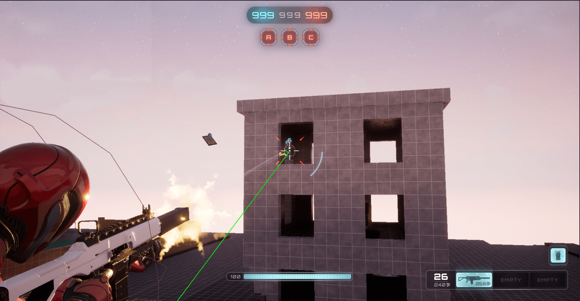 A player shooting at another player inside a building, while a third player glides with a flying carpet outside, in a multiplayer match in Unreal Engine 5.