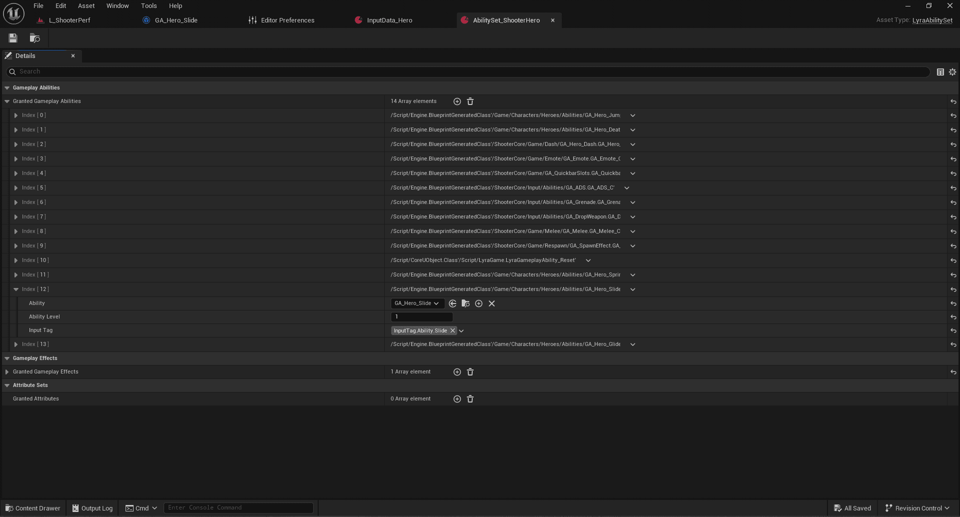 AbilitySet_ShooterHero Data Asset showing GrantedGameplayAbilities configuration for Sprint Ability