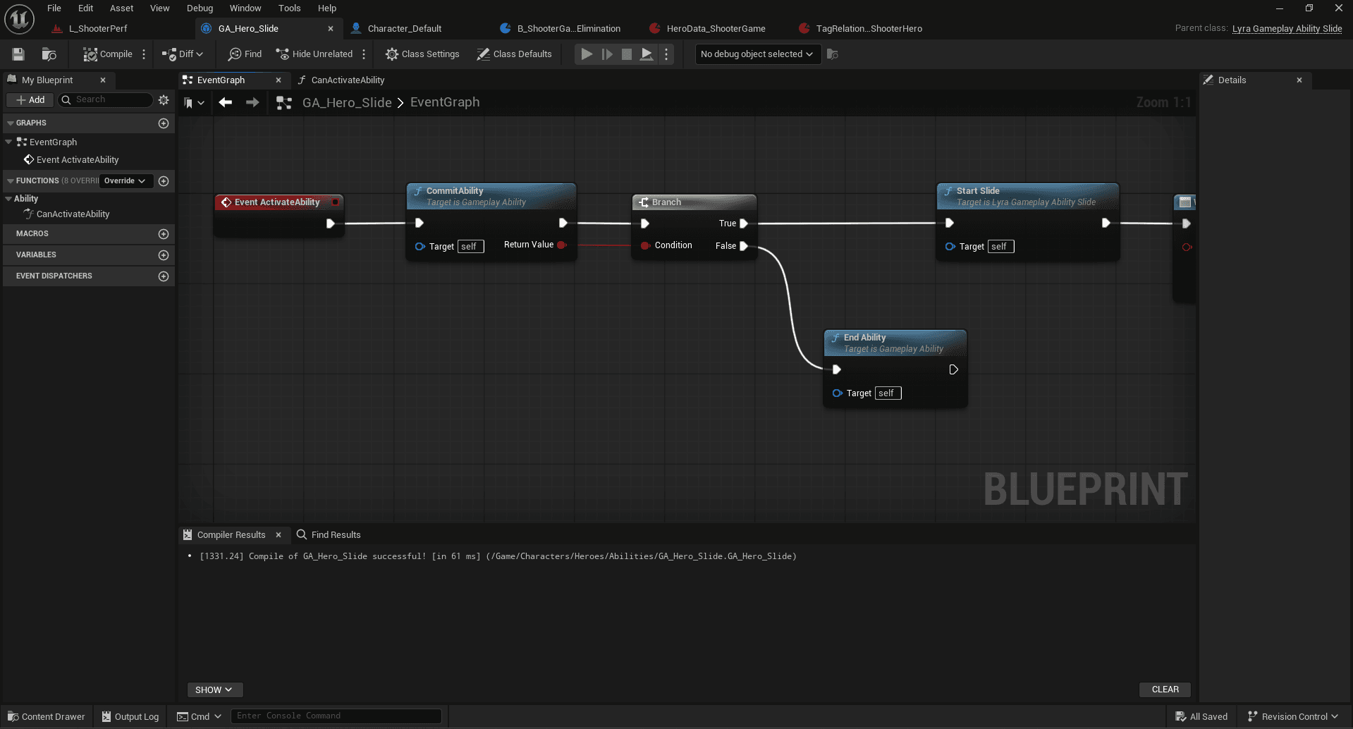 Blueprint of the GA_Hero_Sprint ability showing the activation and sprint start logic