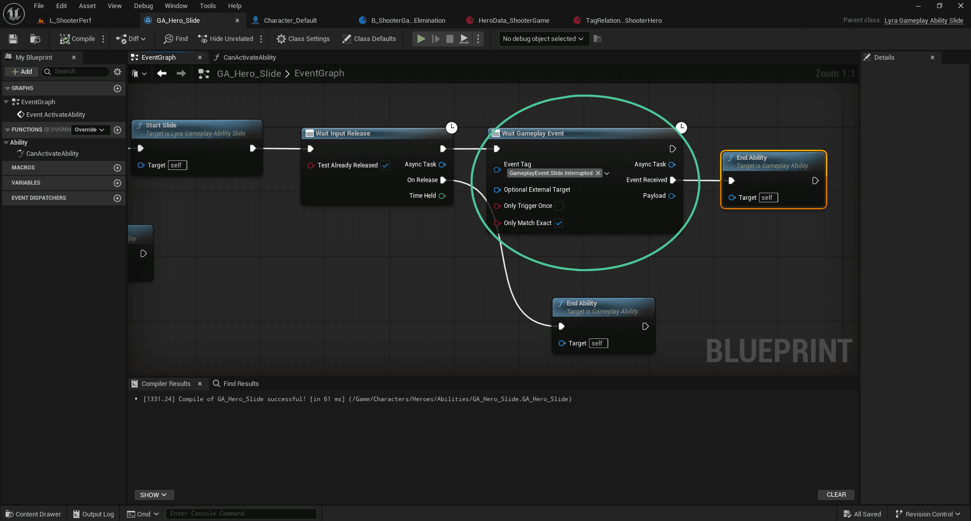 Blueprint logic for handling Gameplay Event InterruptSprint and stopping the sprint ability