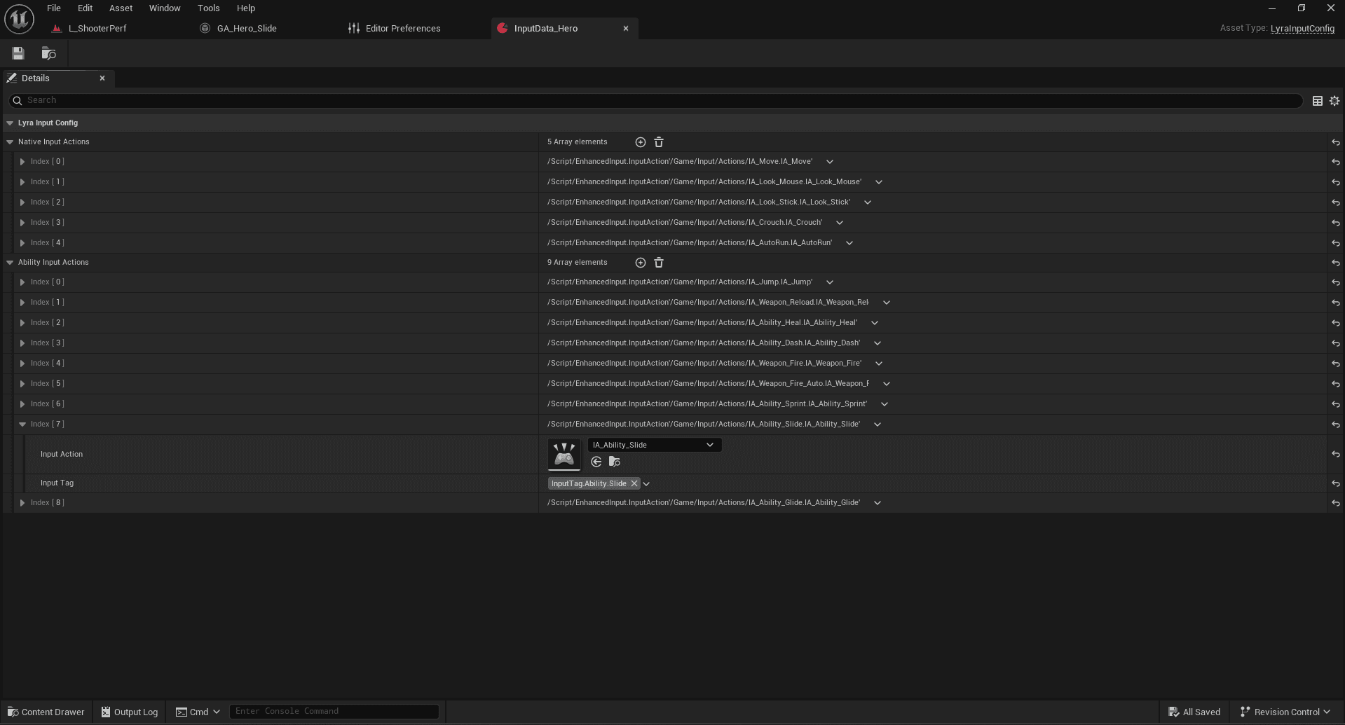 InputData_Hero Data Asset showing the AbilityInputActions configuration for sprint input